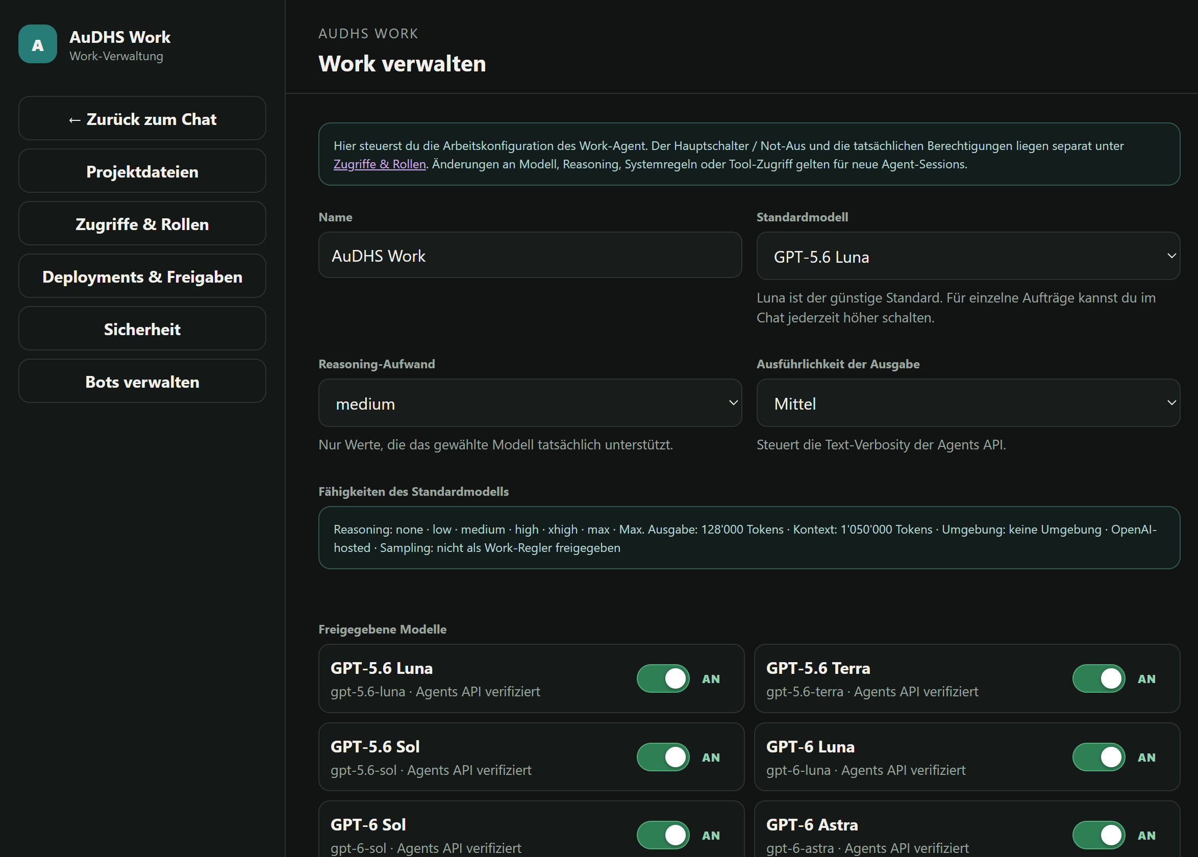 Central interface showing agent settings and model management