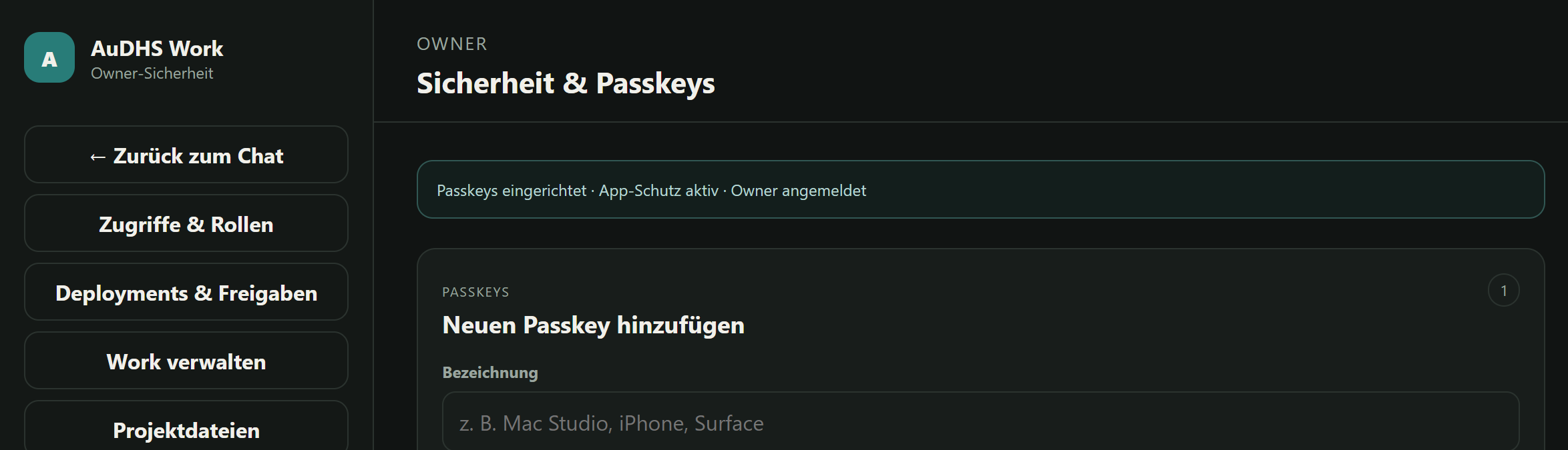 Central security interface showing passkey sign-in and protected owner access