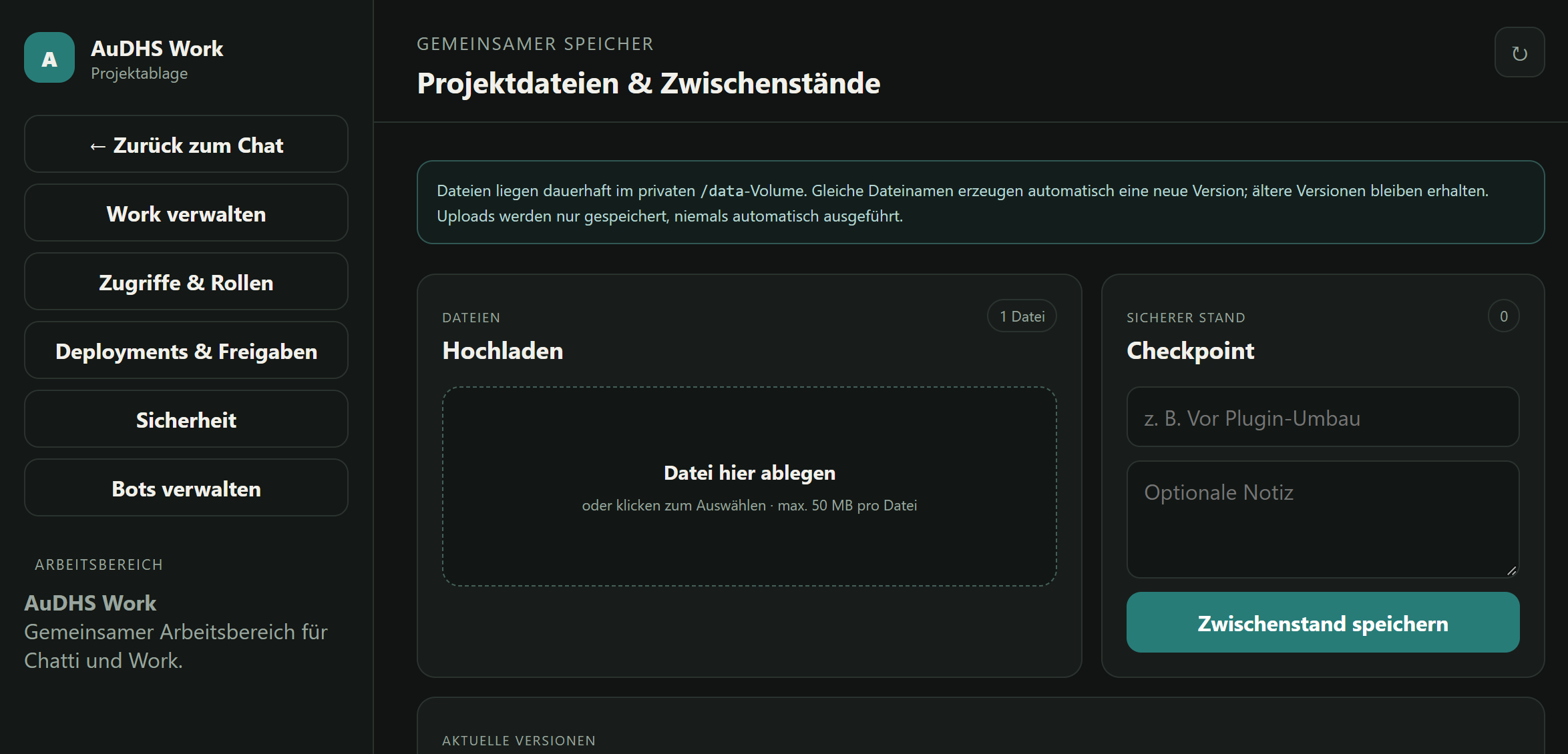 Central project workspace showing file management and checkpoints