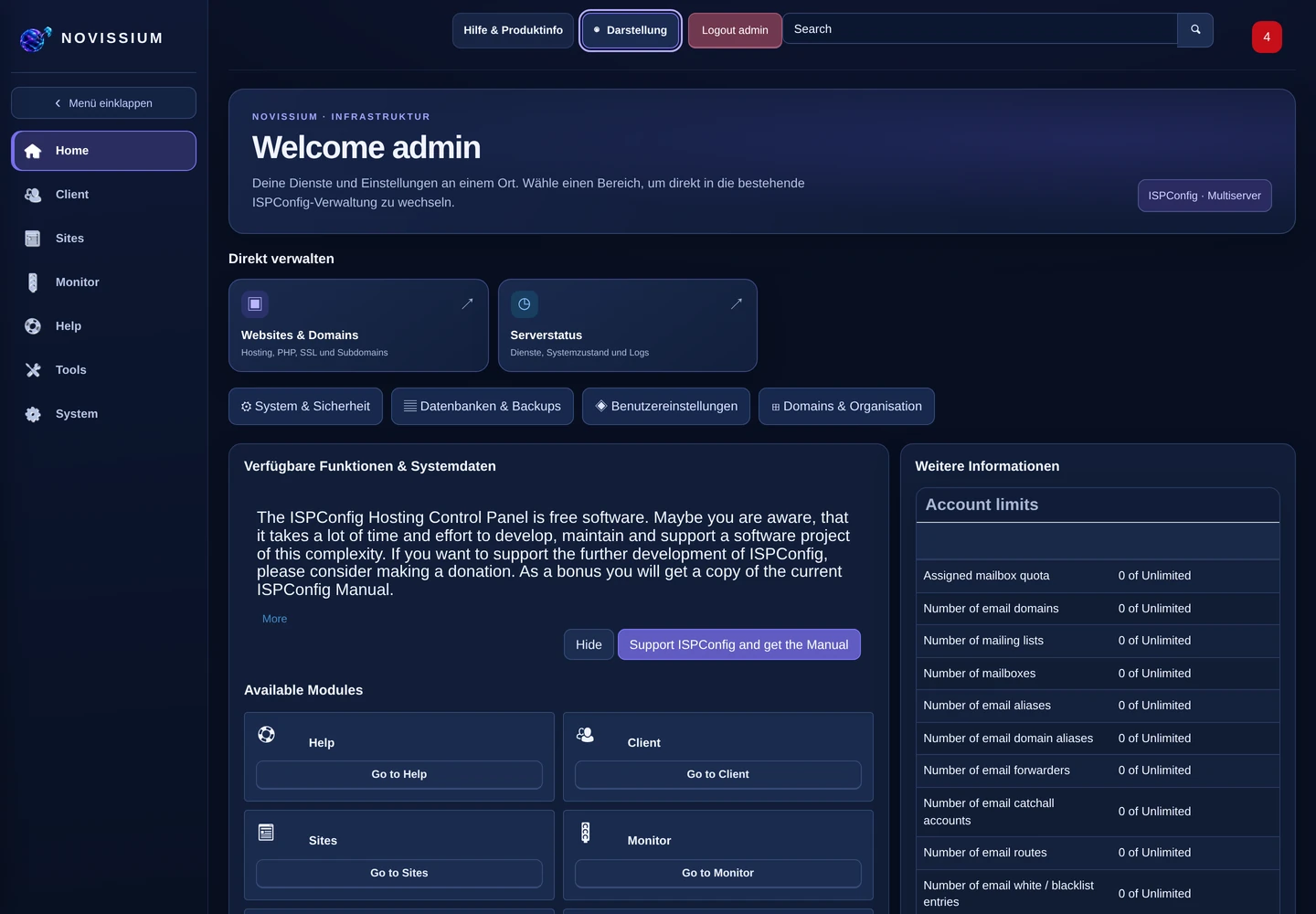 FlexMorph dashboard in dark desktop mode with navigation and administration overview